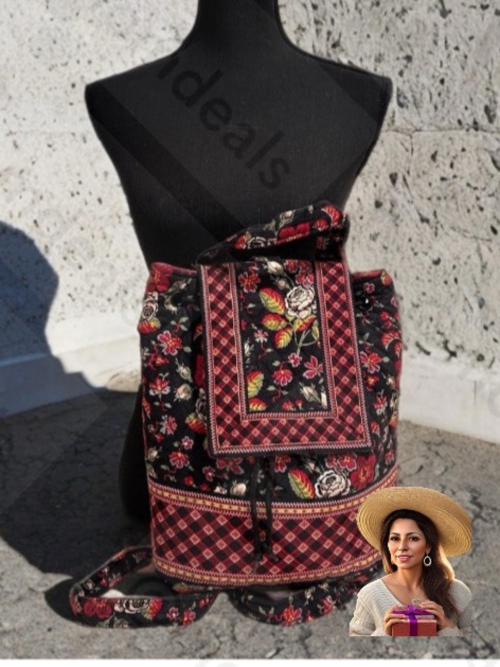 Vintage Vera Bradley Floral Quilted Backpack in Anastasia Black & Red Roses GUC - Picture 1 of 16